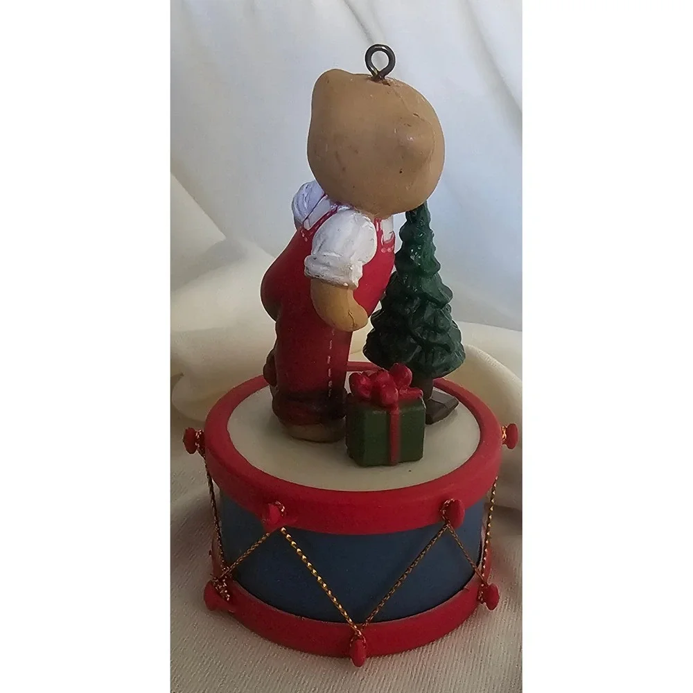 Vintage Christmas Teddy Bear on Drum Ornament Red Overalls Tree Figurine